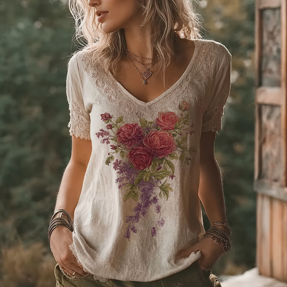 Bohemian Style Retro Red Rose Pattern Women's V-neck Short-sleeve T-shirt elevenforest