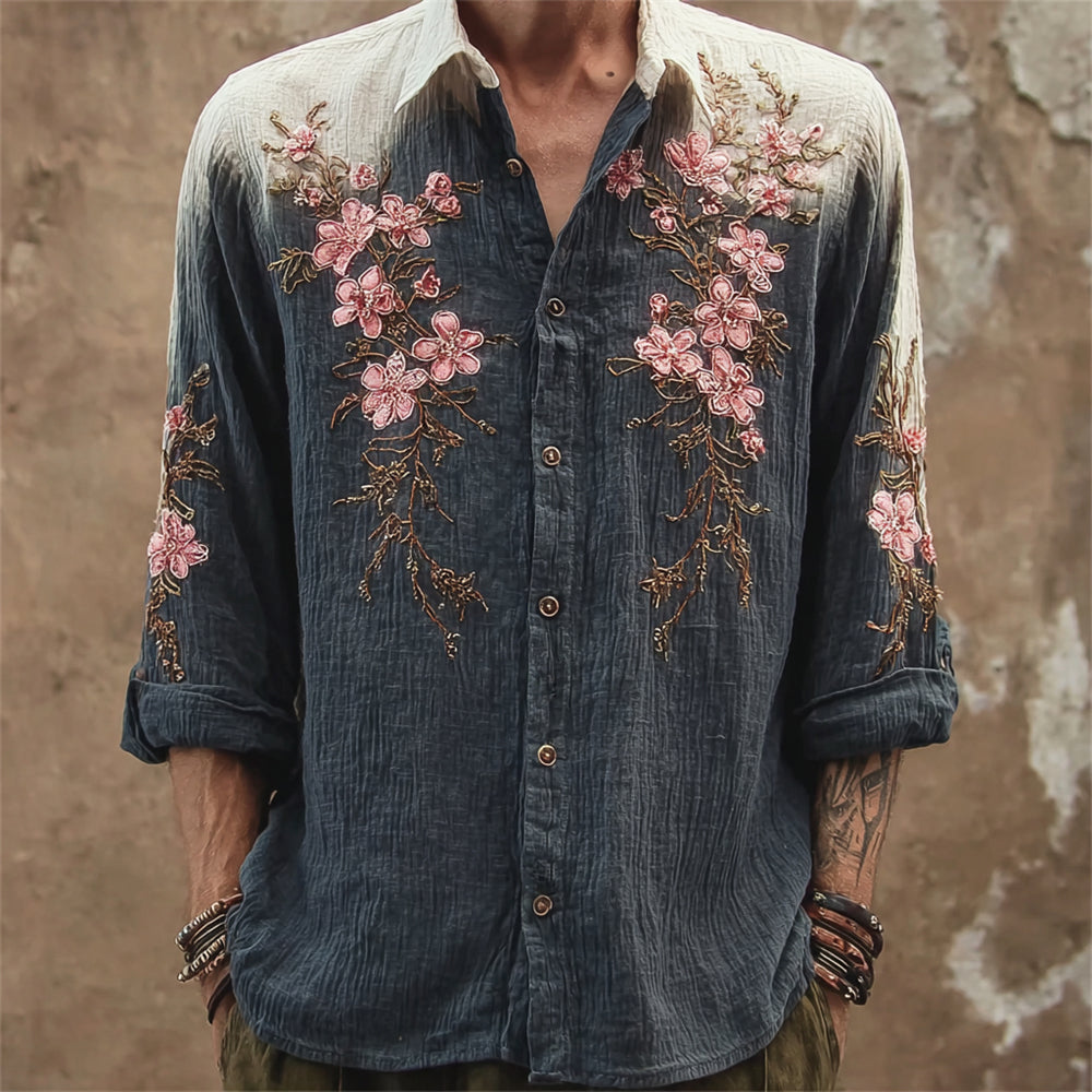 Vintage Boho Floral Art Men's Gradient Linen Long Sleeve Shirt elevenforest