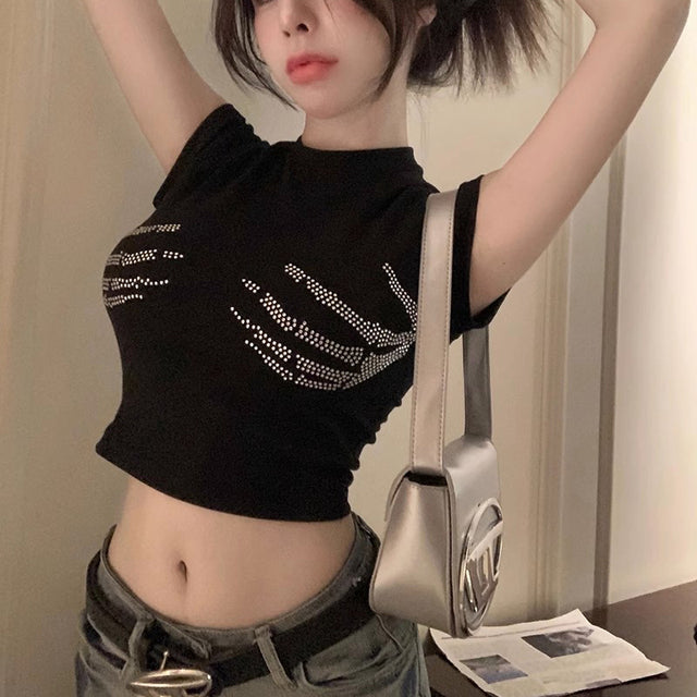 Skull Hand Rhinestones Aesthetic Y2k Clothes Tops Black Fairy Grunge Graphic T Shirts Slim Short Sleeve Crop Top