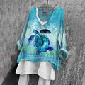 Gradient Sea Turtle Art Pattern Linen Blend Tunic elevenforest