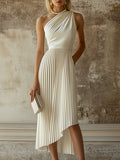 Elegant High-end Evening Gown White Pleated Sleeveless Midi Dress