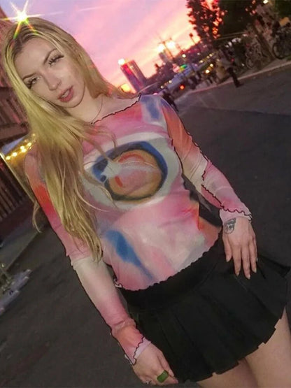 Y2k Long Sleeve Crop Top Grunge Fairycore Tie Dye Print Long Sleeve T Shirts 2000s Clothes Mesh Tee