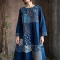Comstylish Vintage Japanese Sashiko Art Flowy Linen Maxi Dress