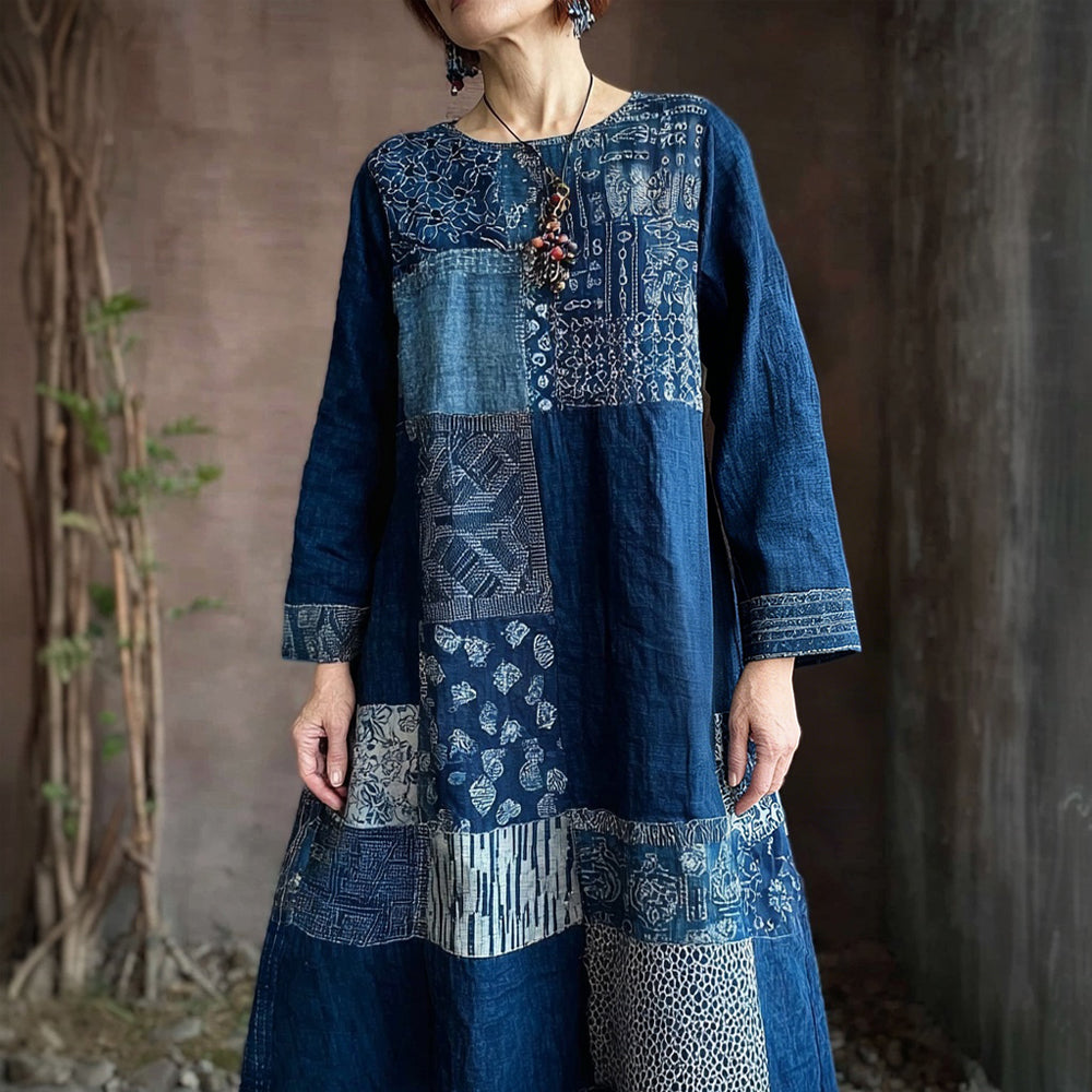 Comstylish Vintage Japanese Sashiko Art Flowy Linen Maxi Dress