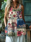 Cottage Floral Patchwork Fiber Art Linen Tank Top elevenforest
