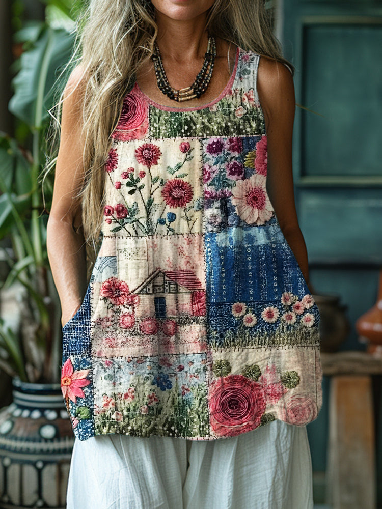 Cottage Floral Patchwork Fiber Art Linen Tank Top elevenforest