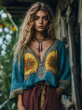 Vintage Boho Sunflowers Embroidered Contrast Color Linen Blend Tunic elevenforest