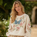 Women's Retro Bohemian Style Butterfly And Floral Pattern Round Neck Comfortable Linen Top elevenforest