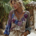 Women's Vintage Purple Rose Embroidered Linen Shirt elevenforest