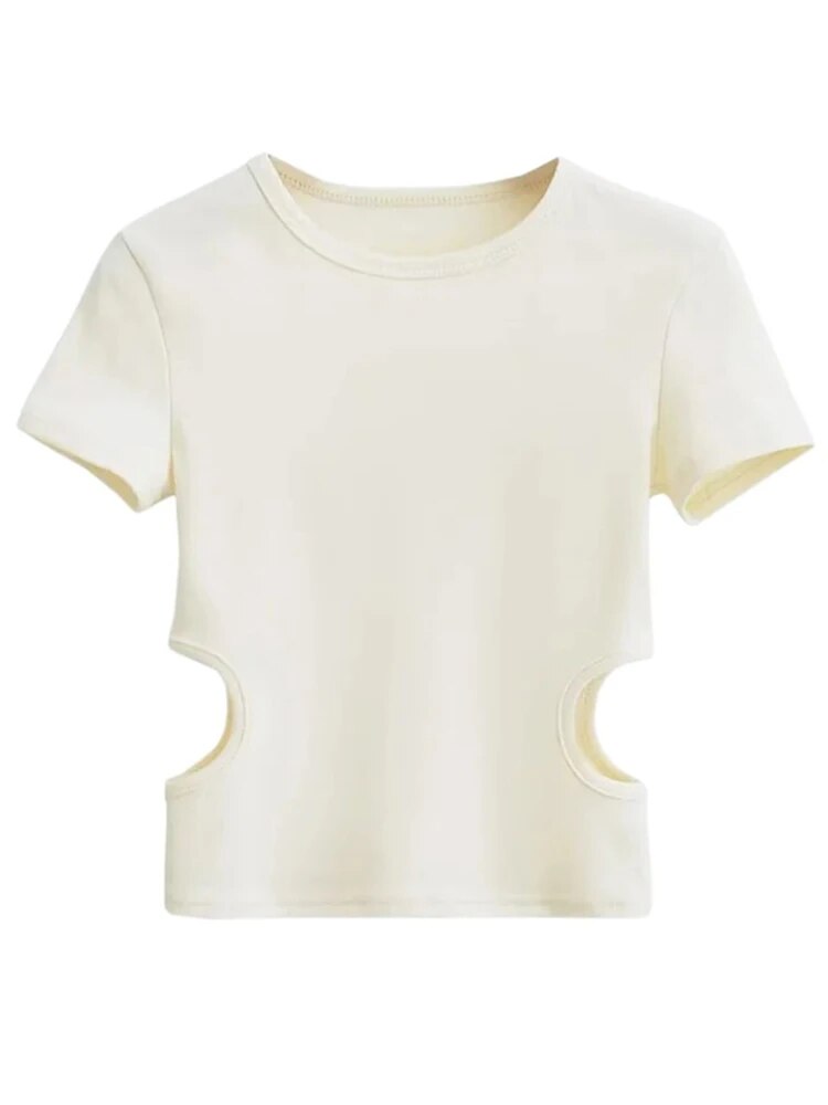 Side Waist Off Short Top ’s Round Neck Slim Fit Versatile Color Short Sleeve T-shirt Summer