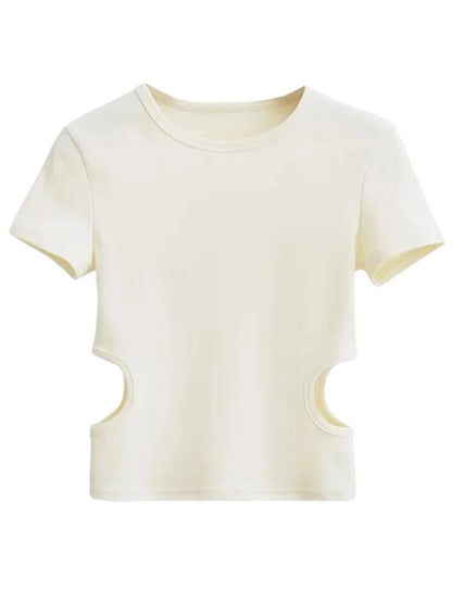Side Waist Off Short Top ’s Round Neck Slim Fit Versatile Color Short Sleeve T-shirt Summer