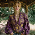 Mysterious Sun And Moon Art V-neck Linen Top elevenforest