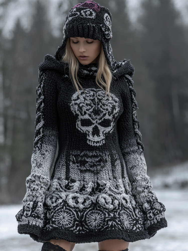 Halloween Viking Style Lady Hooded Knit Sweater Dress elevenforest