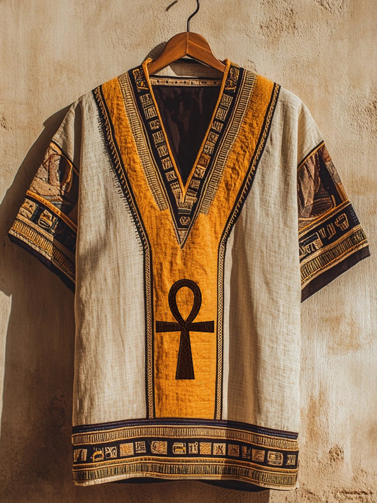 Ancient Egyptian Ankh Embroidered Contrast Linen T Shirt elevenforest