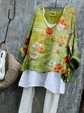 Comstylish Embroidered Japanese Flower Art Linen Blend Cozy Tunic