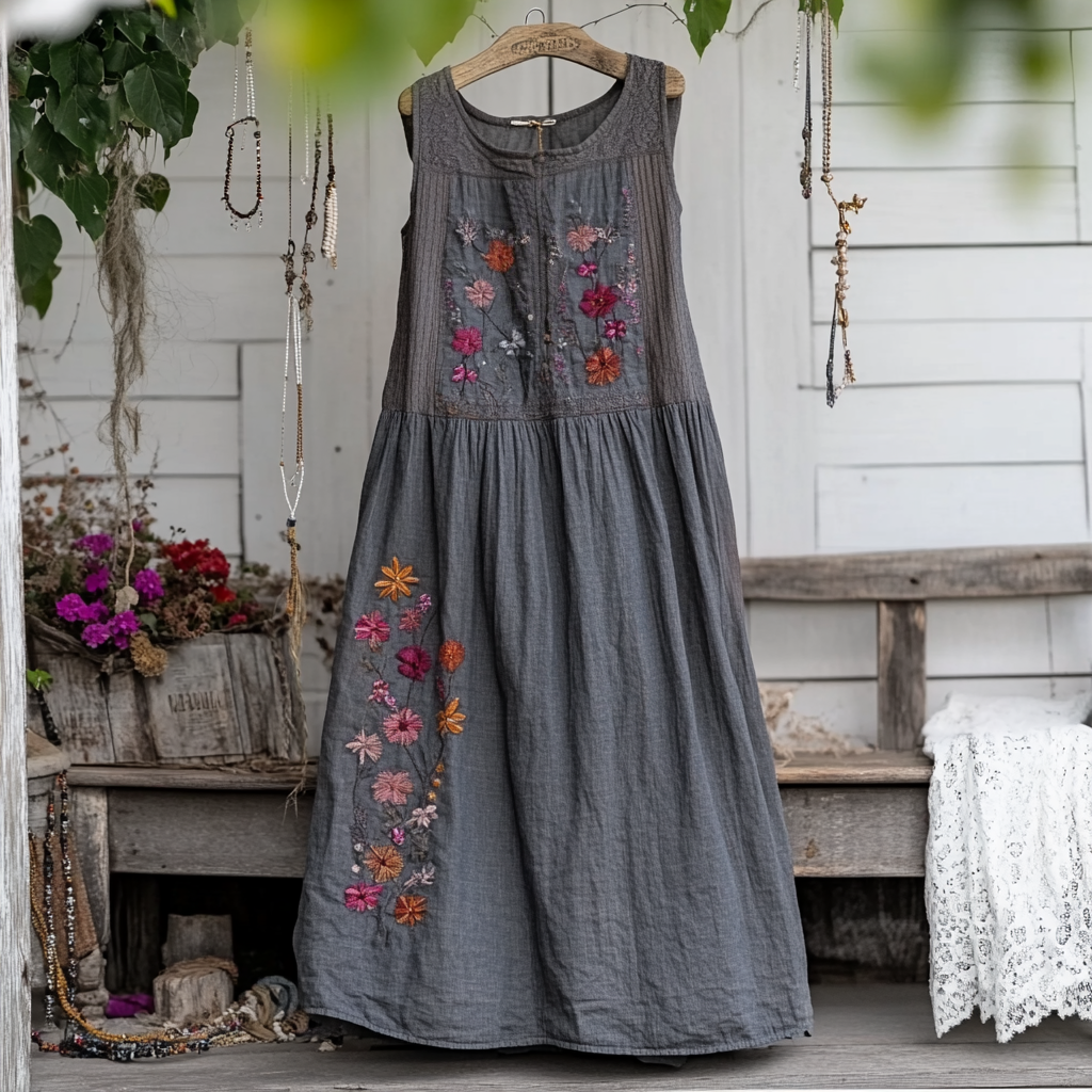 Elegant And Fashionable Floral Patch Cotton And Linen Sleeveless Women's Dress elevenforest