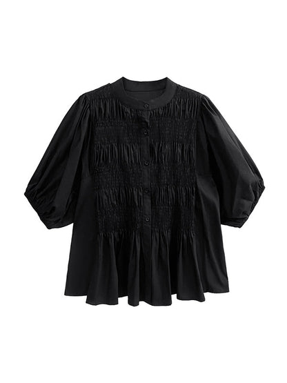 Loose Puff Sleeves Pleated Color Round-neck Blouses&shirts Tops