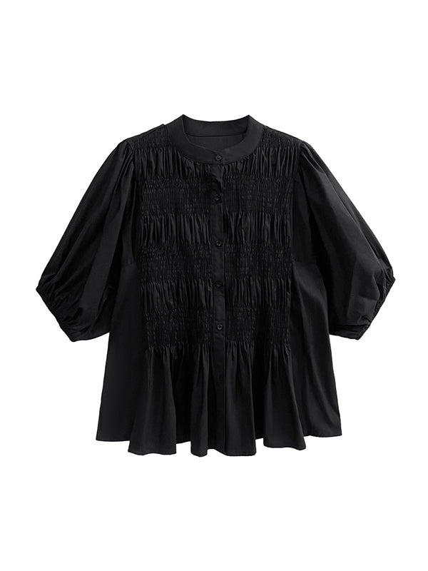Loose Puff Sleeves Pleated Color Round-neck Blouses&shirts Tops