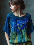 Oil Painting Irises Embroidered Flowy Linen Tunic elevenforest