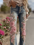 Women's Vintage Rose Floral Embroidery Art Jeans elevenforest