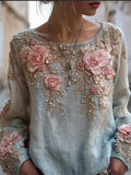 Women's Vintage Long-sleeved Round-neck Top With Three-dimensional Embroidery elevenforest