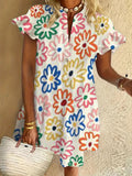 Flower ruffle short-sleeved V-neck button dress holiday beach dress