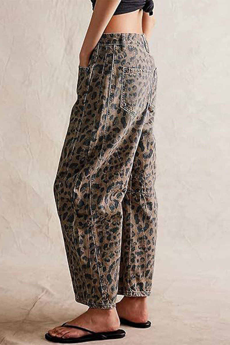 Street Leopard Pocket Mid Waist Loose Denim Jeans