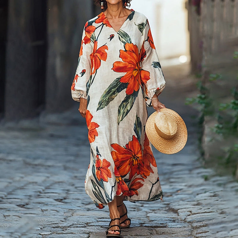 Women's Elegant Floral Print V-neck Loose Midi Dress elevenforest