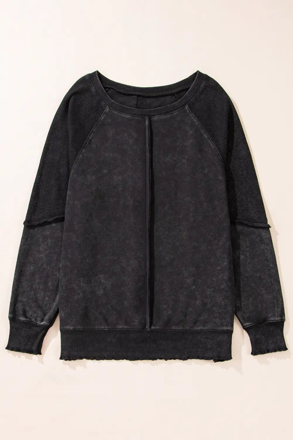 Black Waffle Knit Raglan Sleeve Sweatshirt