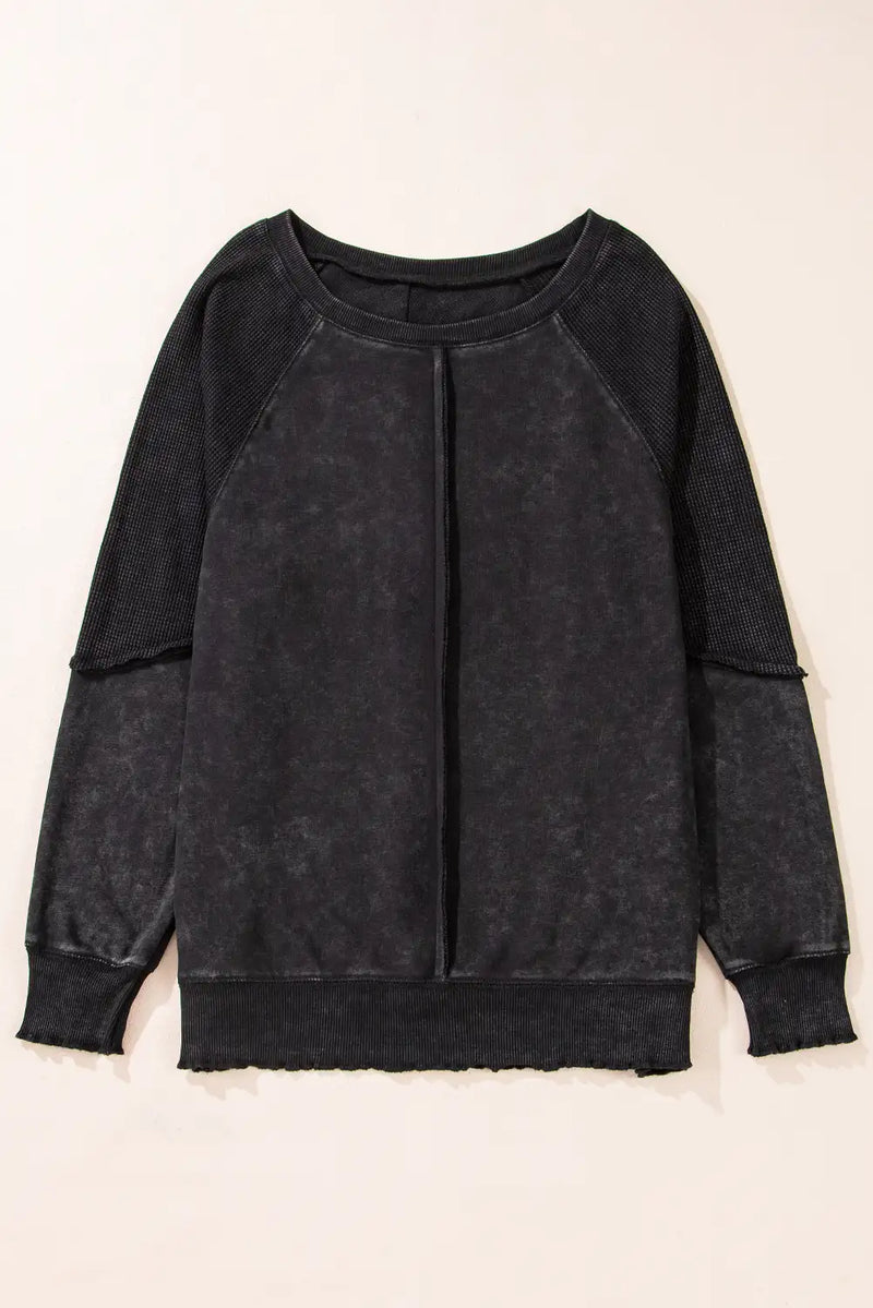 Black Waffle Knit Raglan Sleeve Sweatshirt