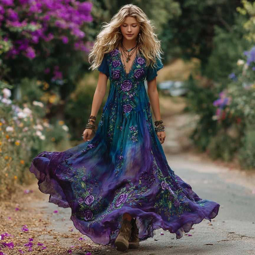Women's Vintage Purple Roses Floral Embroidery Linen Short Sleeve Dress elevenforest