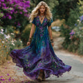 Women's Vintage Purple Roses Floral Embroidery Linen Short Sleeve Dress elevenforest