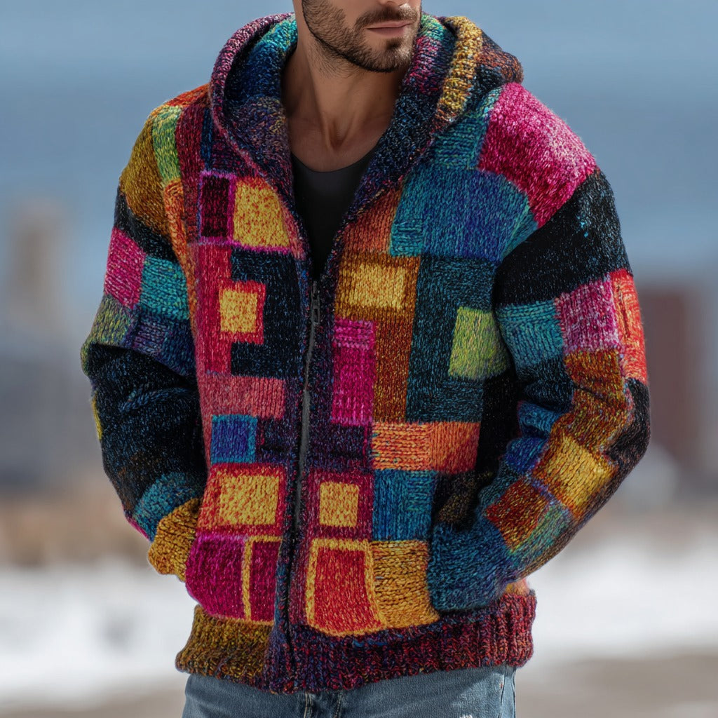 Men's Retro Geometric Knit Warm Hooded Zip-up Sweater elevenforest