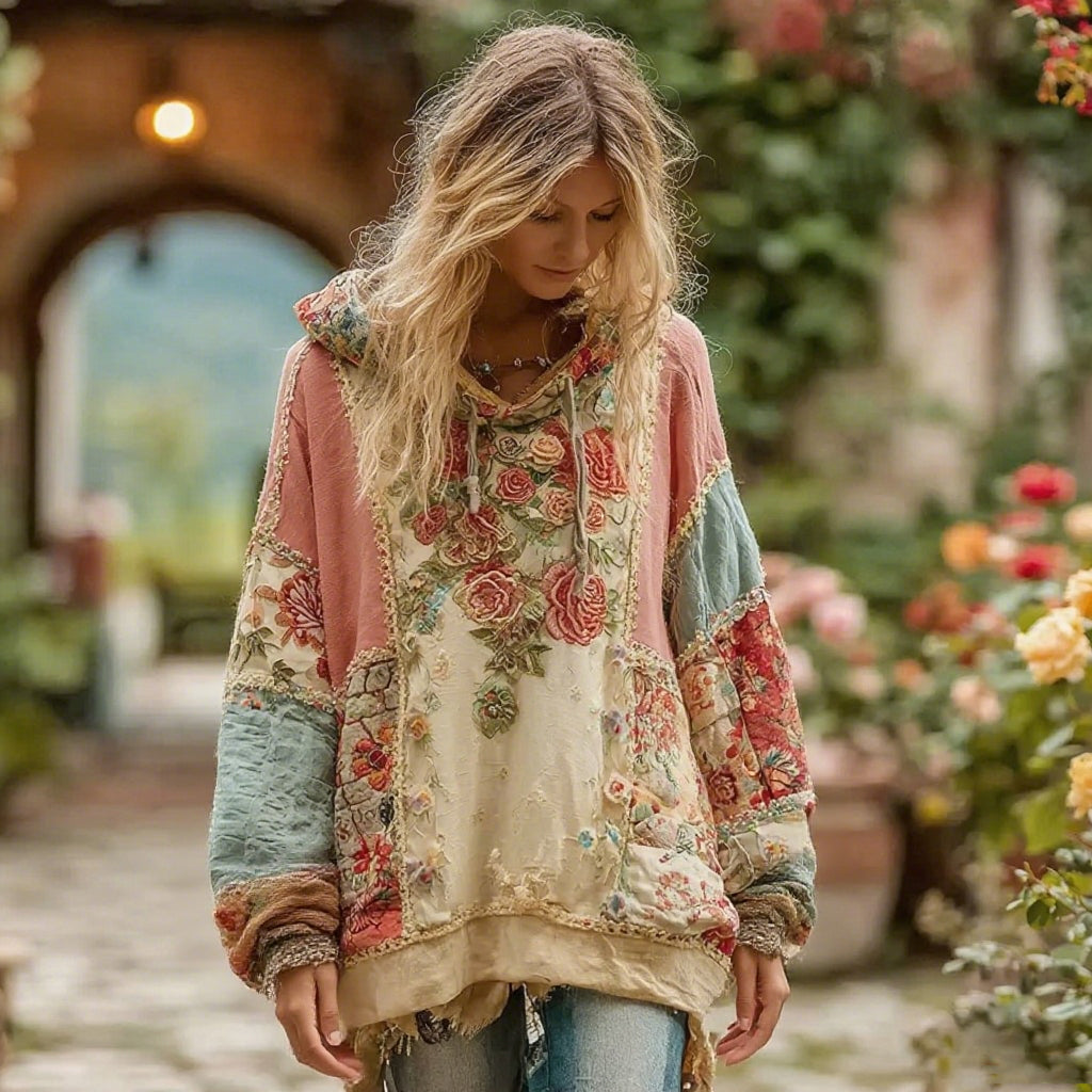 Women's Bohemian Floral Panel Cozy Warm Hoodie elevenforest