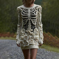 Women's Vintage Halloween Skeleton Bones With Glitter And Rose Art Cozy Knit Mini Sweater Dress elevenforest