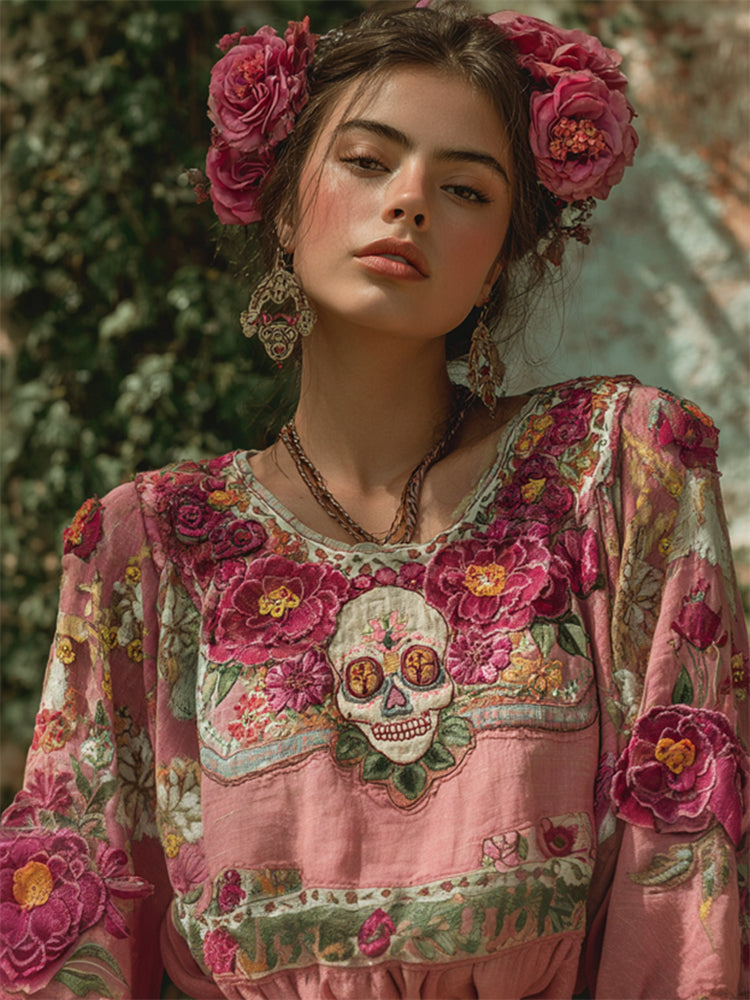 Mexican Sugar Skull Ethnic Floral Embroidered Linen Tunic elevenforest