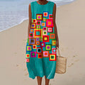 Women's Vintage Abstract Geometric Art Linen Dress elevenforest