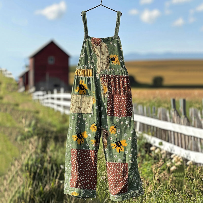 Insect Wildflower Floral Patchwork Print Linen Jumpsuit elevenforest