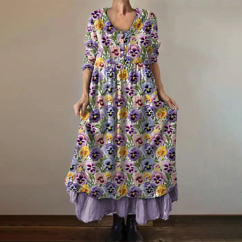 Vintage Purple Floral Pattern Alzheimer's Awareness Button Up Maxi Dress elevenforest