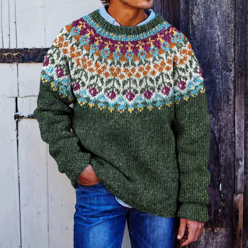 Men's Contrast Jacquard Floral Pattern Art Cozy Knit Sweater elevenforest