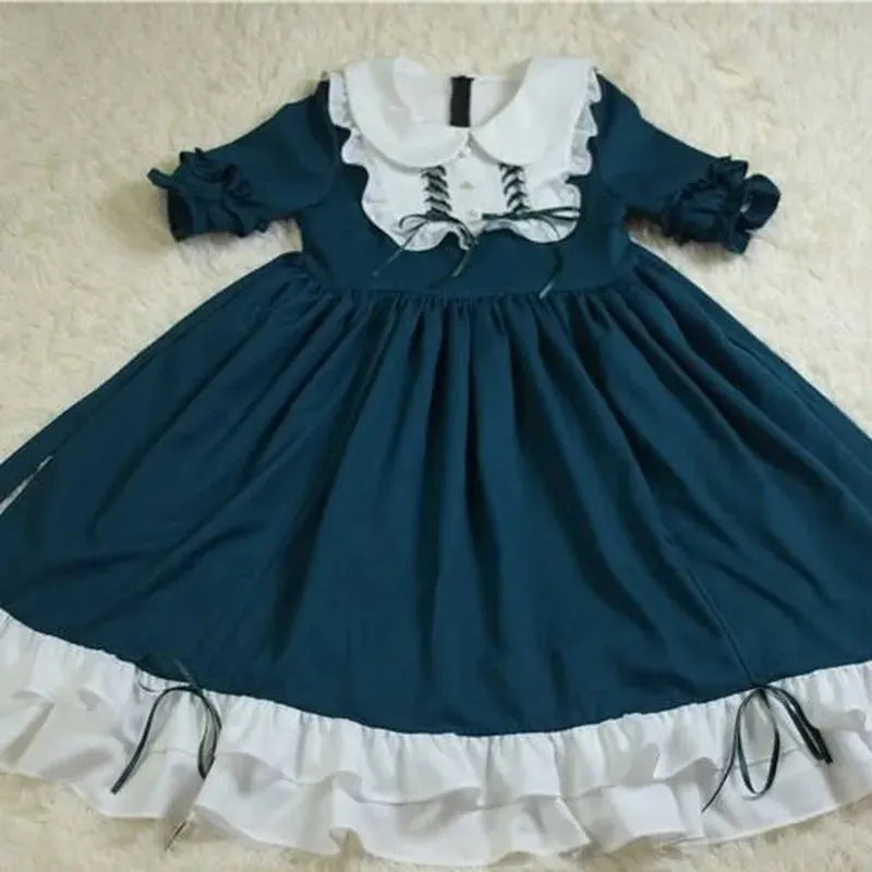 Japanese Kawaii Peter Pan Collar Lolita Dresses Patchwork Bowknot Ruffles Sweet Vestido Princess Party Femme Robe