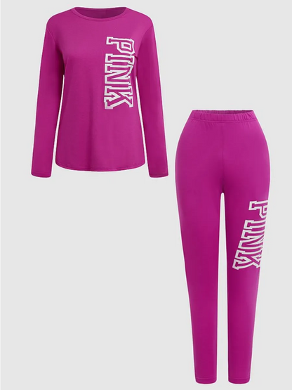 4xl 5xl Pink Letter Print Pocket Design Pants Set New Round Neck Long Sleeve 2pcs Two Pieces Outfit for Lady