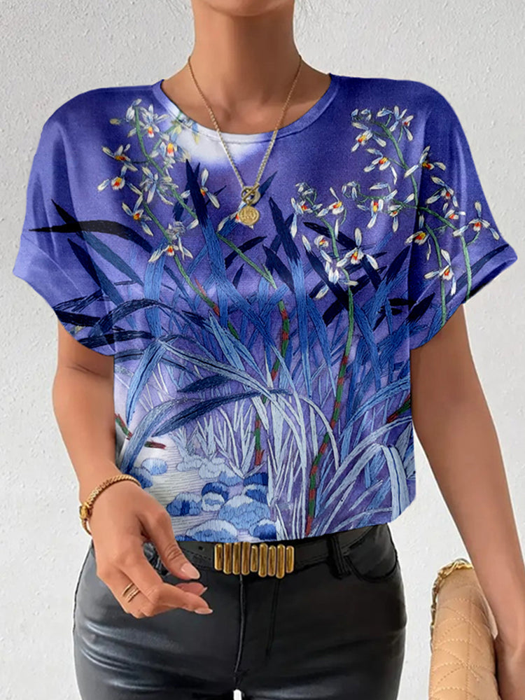 Comstylish Classy Irises Embroidered Silk Comfy T Shirt