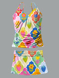 V-Neck Vintage Vacation Summer Multicolored Flowers Art Print Suspender Skirt Tankini Pantskirt Set Swimsuit