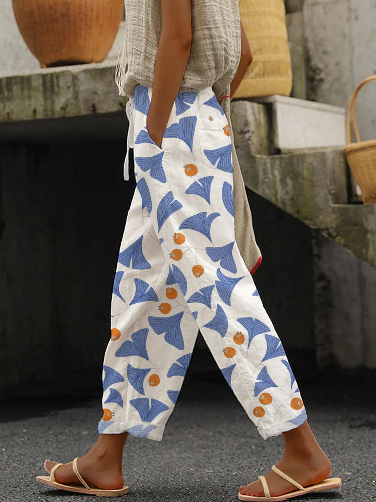 Japanese Ginkgo Biloba Pattern Women's Linen Pants elevenforest