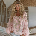 Women's Pink Rose Embroidery Sequins Cozy Linen T-shirt elevenforest