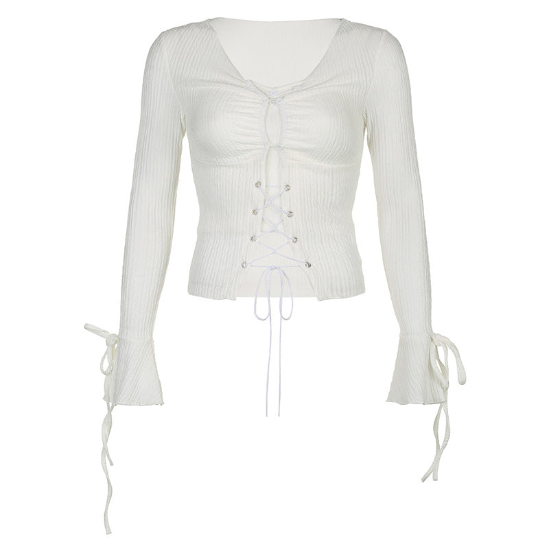 Pure Texture Lace Up Flare Sleeve T Shirt Two Piece Cardigan Close Edged V Neck Slim Fit Short Top