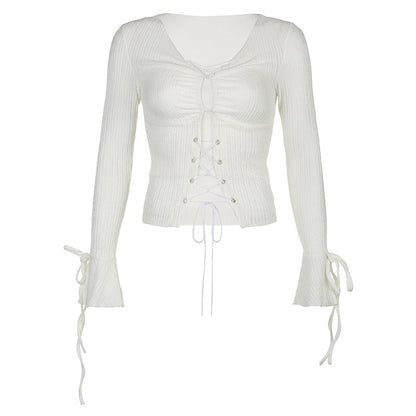 Pure Texture Lace Up Flare Sleeve T Shirt Two Piece Cardigan Close Edged V Neck Slim Fit Short Top