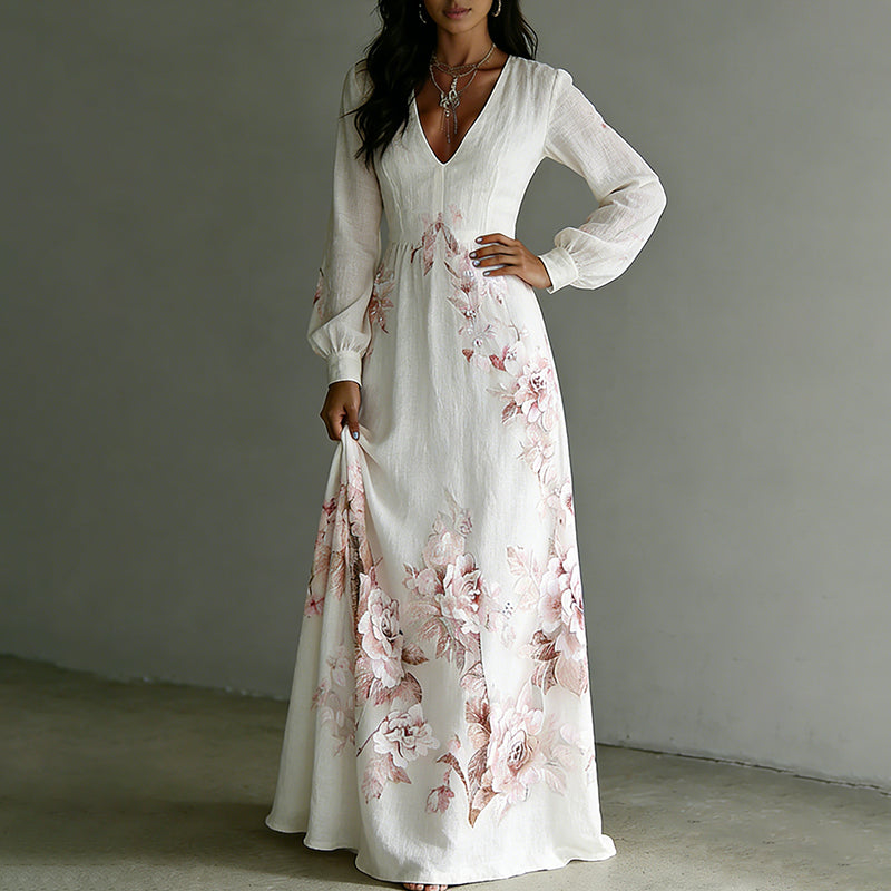 Women's Vintage Rose Art V-neck Long Sleeve Maxi Dress elevenforest