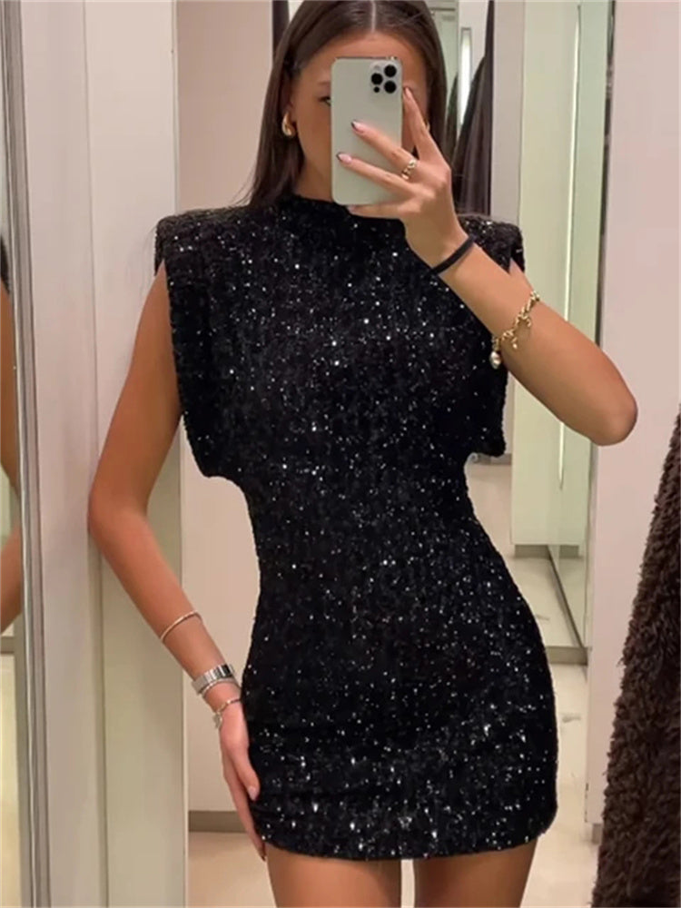 Tossy Sequin Sleeveless Mini Dress for Black Slim Patchwork Glitter Party Dress Gown ’s Dress New